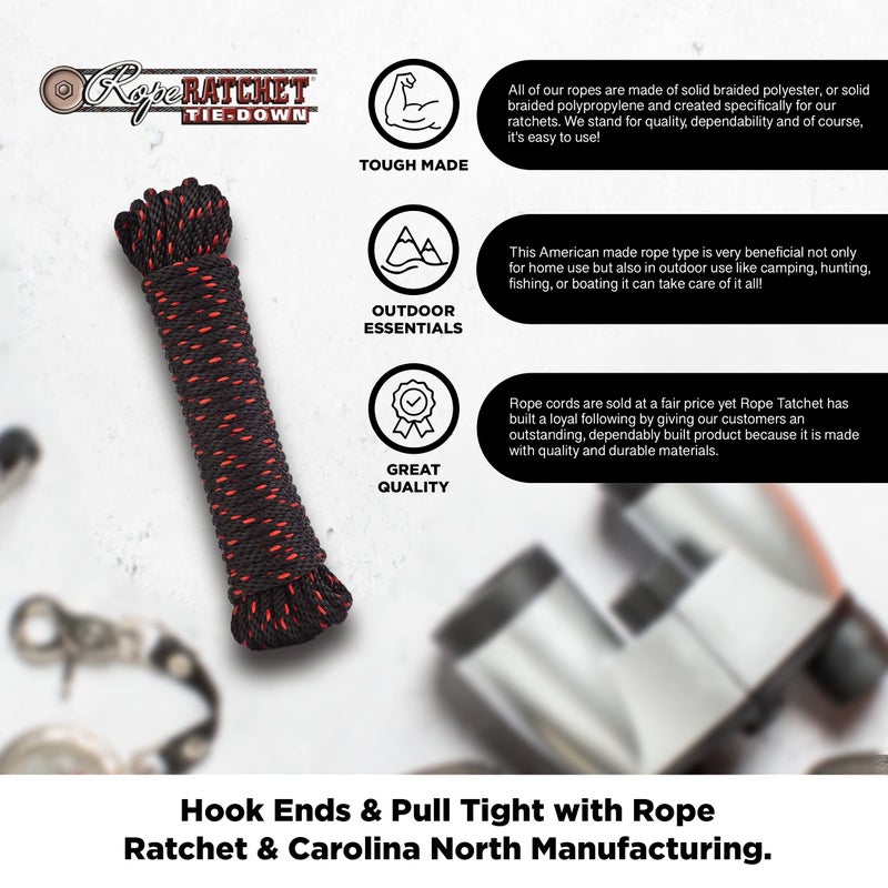 Rope Ratchet حبل راتشيت 1/14" 50 قدم حبل بولي بروبيلين مضفر، مقاوم للطقس داخلي وخارجي للحدائق، مشاريع DIY، تأمين الأحمال، الربط، ربط العقد، استخدام الأقمشة، سعة 150 رطل - أسود/أحمر - Image 2